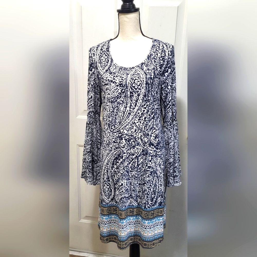 MSK Split Angel Bell Sleeve Stretchy Shift Dress Size L Scoop Neckline